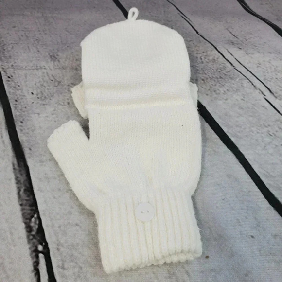 Girls White/Cream Sparkly Snowflake Knit Hat Beanie with Fingerless Glove set - Picture 13 of 13